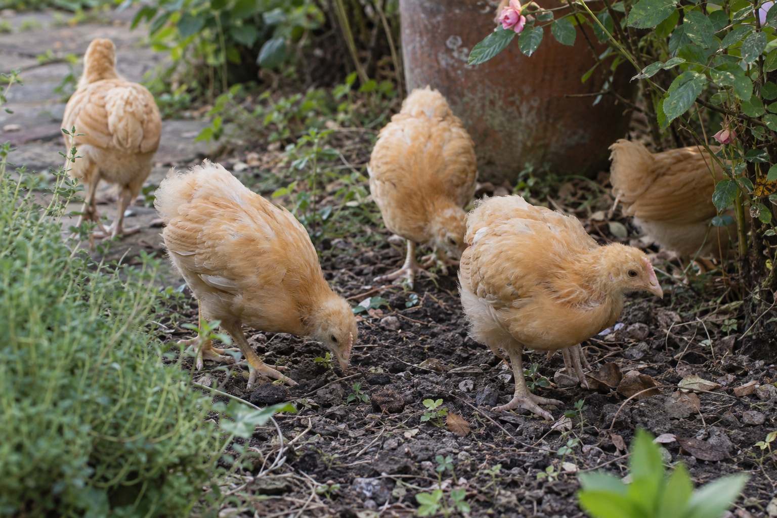 Young golden Buff Orpington chickens walking through a garden
