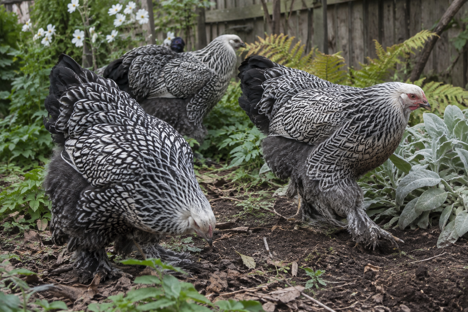 Silver Laced Partridge Brahma chickens with grey and black plumage